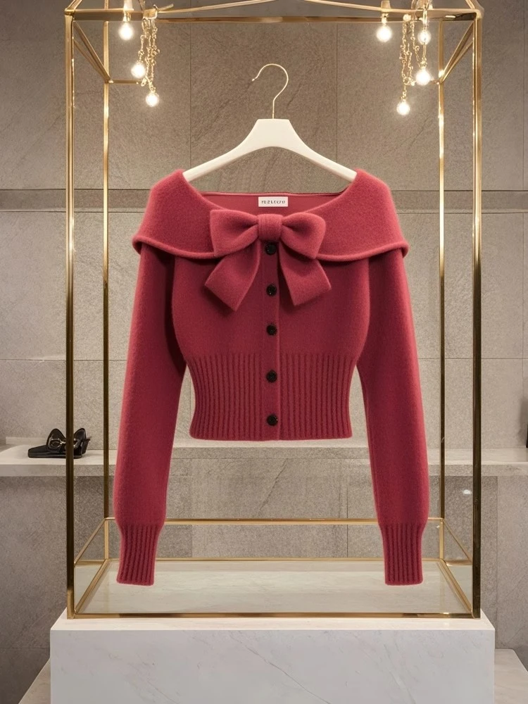 2024冬季穿搭针织开衫外套软糯慵懒风高级感酒红色蝴蝶结毛衣秋冬