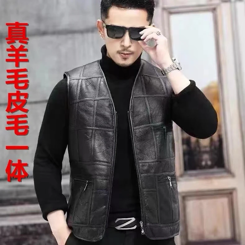 [亿百衣羊毛服饰]男士冬季加厚保暖羊皮毛一体拼接马甲