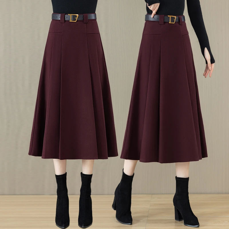 安可拉红毛呢半身裙女秋冬2024新款高腰中长款a字百褶裙大摆伞裙