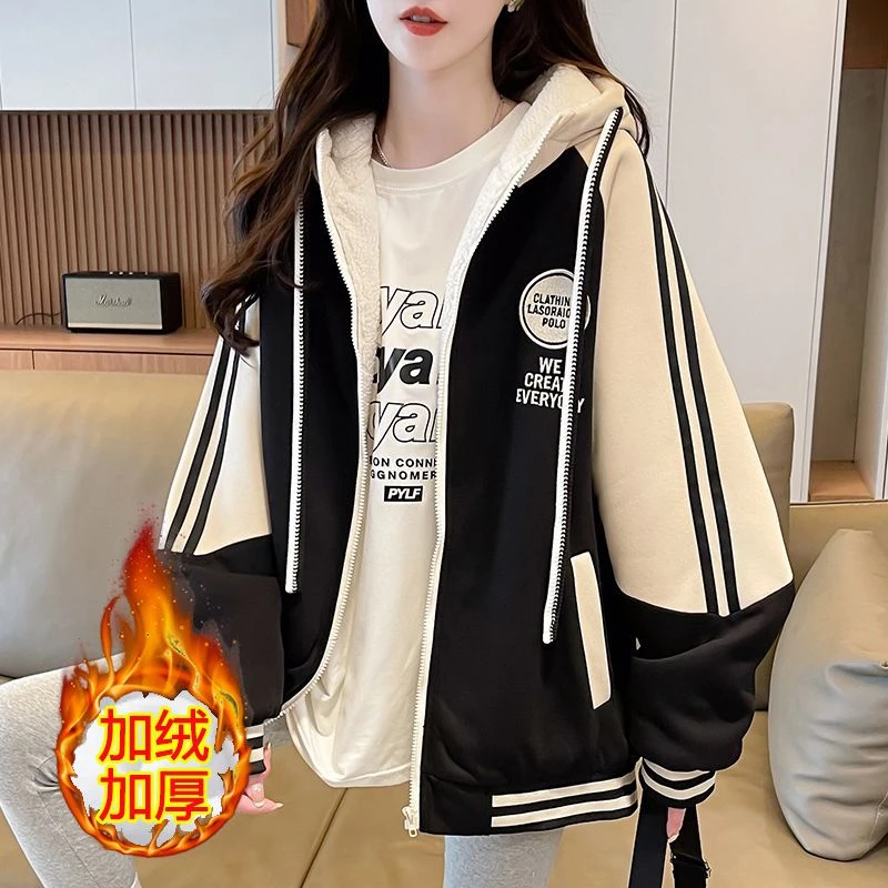 棒球服羊羔绒外套15初中学生少女12岁女大童冬季加绒加厚休闲卫衣