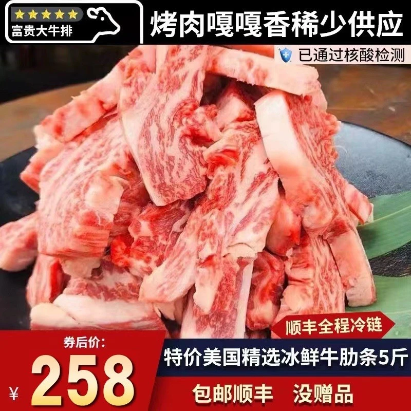 现货包邮5斤美国精选冰鲜安格斯谷饲去骨牛肋条烧烤炭烧清真套餐
