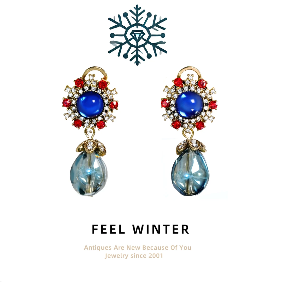 合金琉璃耳饰 通透水滴气质红蓝色小吊坠耳钉ZG-0020