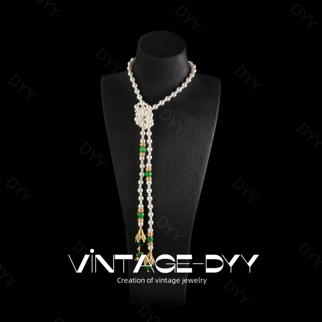 合金仿珍珠项链 复古气质长款白绿相间宫廷风吊坠项链