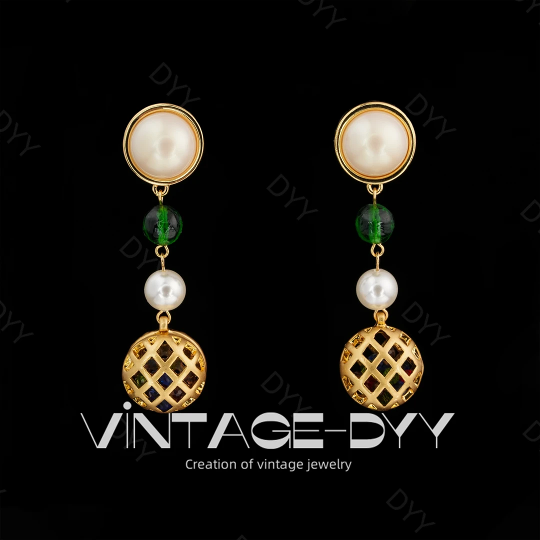 合金玻璃耳饰 复古气质绿色镂空多种戴法长款手工耳钉