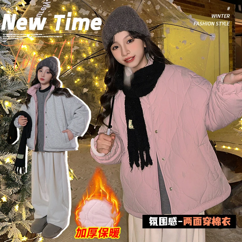 女童外套百搭纯色中大童宽松加厚保暖两面穿棉服6-15岁潮儿童棉袄