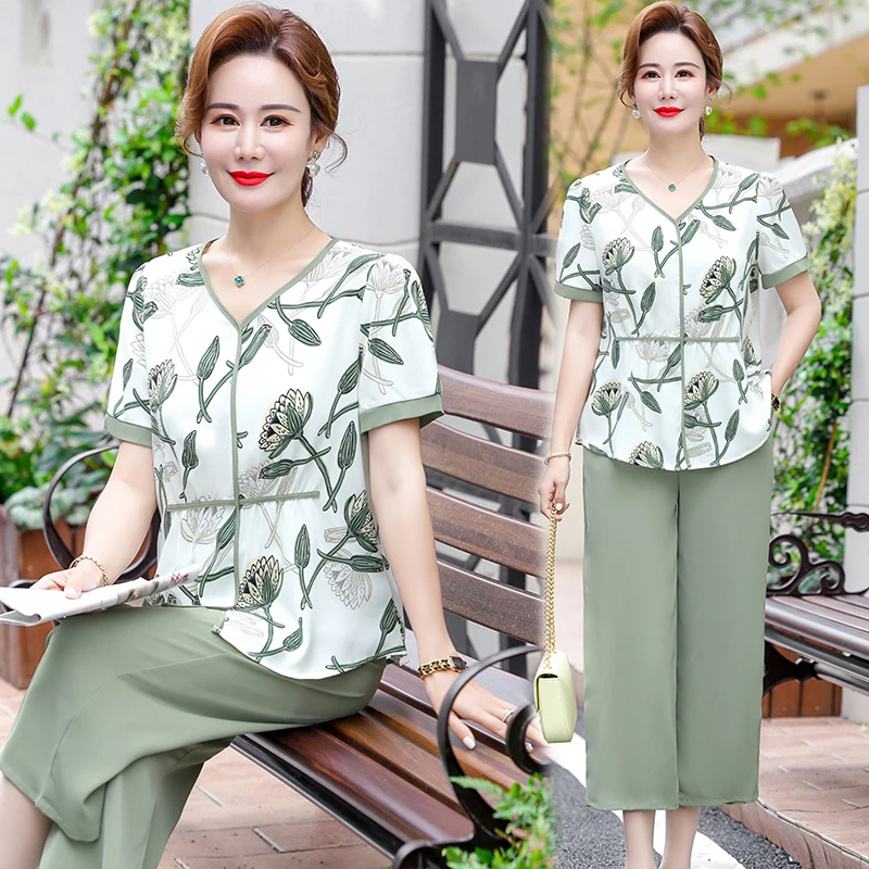 母亲节妈妈夏装套装洋气中老年雪纺衫上衣服女大码老人T恤两件套