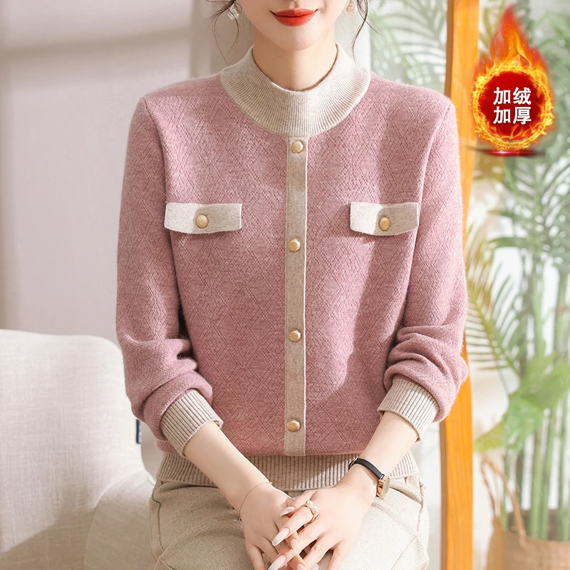 2024冬季新款妈妈装加绒加厚针织衫中老年妈妈毛衣时尚洋气打底