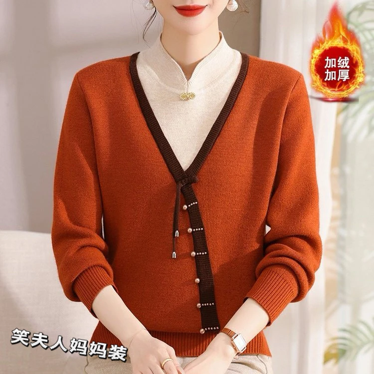 中老年新款国风假两件妈妈装加绒加厚毛衣时尚洋气保暖打底衫