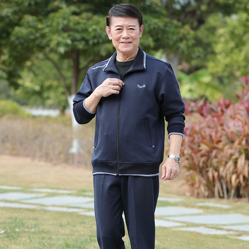 男士春秋季运动套装中年爸爸休闲运动服加绒外套秋季男装中年老人