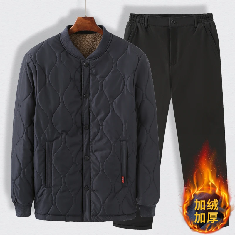 男士冬季加绒加厚棉服棉裤套装中老年爷爷小棉袄爸爸棉衣宽松外套