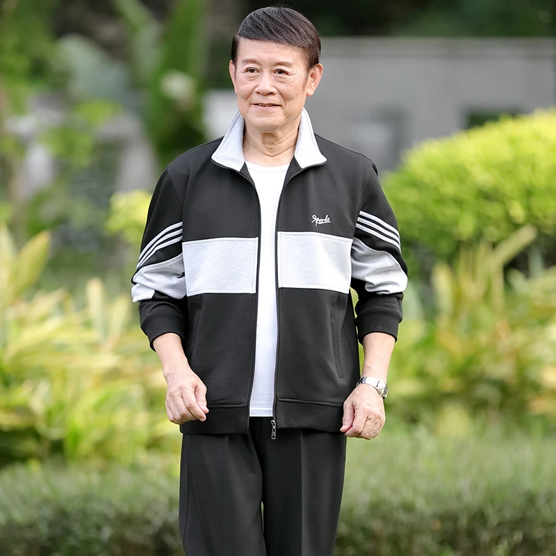 爸爸休闲衣服中老年人男士春秋季运动套装情侣两件套黑白外套爷爷