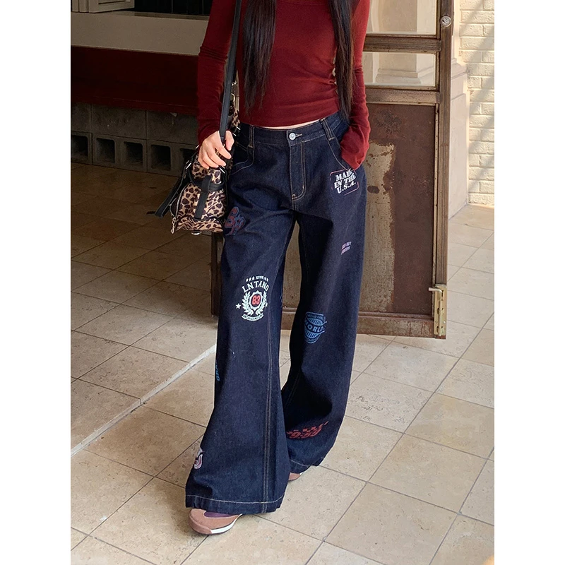 【萍萍清仓】感美式复古做旧小众涂鸦印花阔腿直筒牛仔裤1005