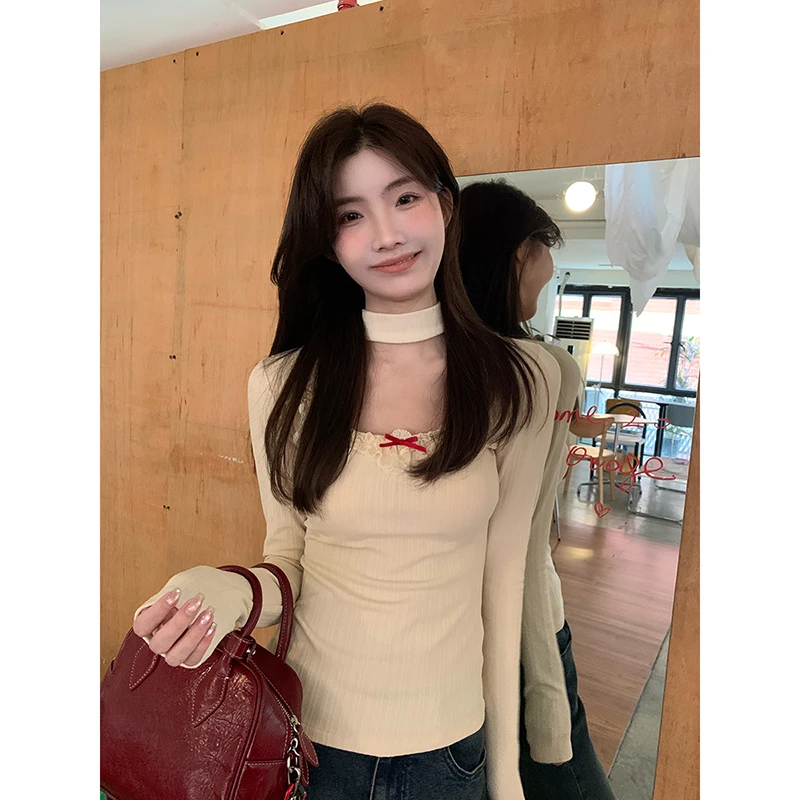 【HRG】秋冬设计感蕾丝纯欲蕾丝花边拼接修身显瘦打底衫244Y3318