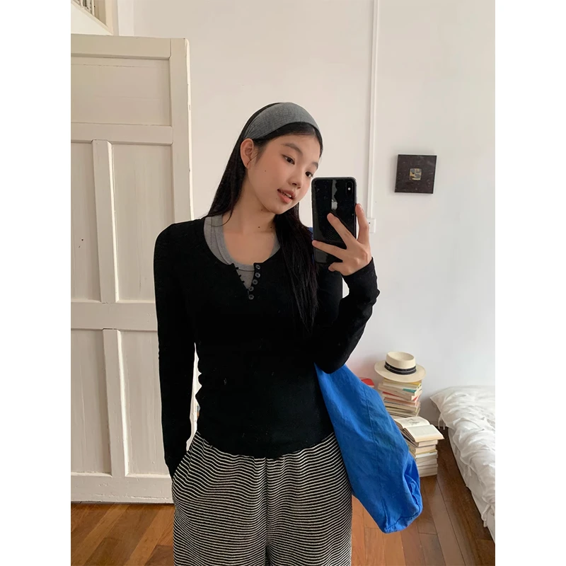 【萍萍清仓】T恤 秋冬设计感纯色长袖保暖内搭T恤244C3653#