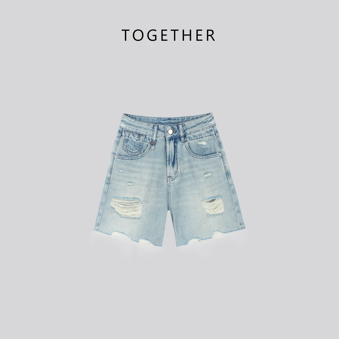 TOGETHER DW STUDIOS【青黛】 夏季复古细闪高腰破洞牛仔短裤#Q5020