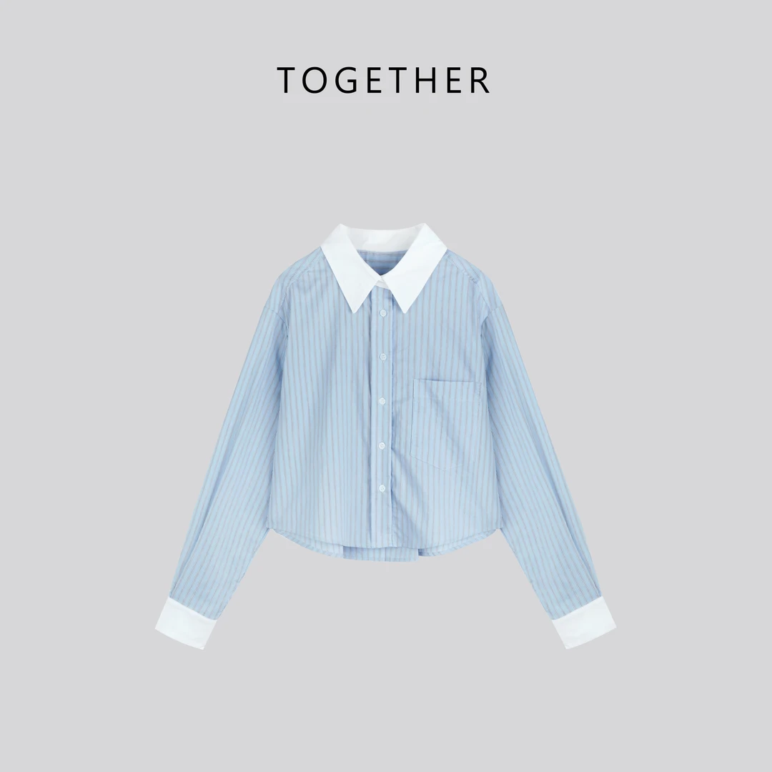 【Together】 · 越光 ·  春款蓝色条纹短款时尚长袖衬衫W8077