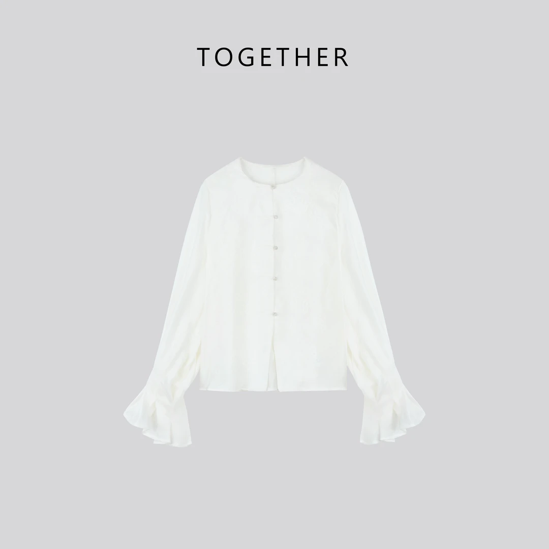 【Together】· 零初 · 国风新中式提花喇叭袖珍珠扣长袖衬衣#W1500