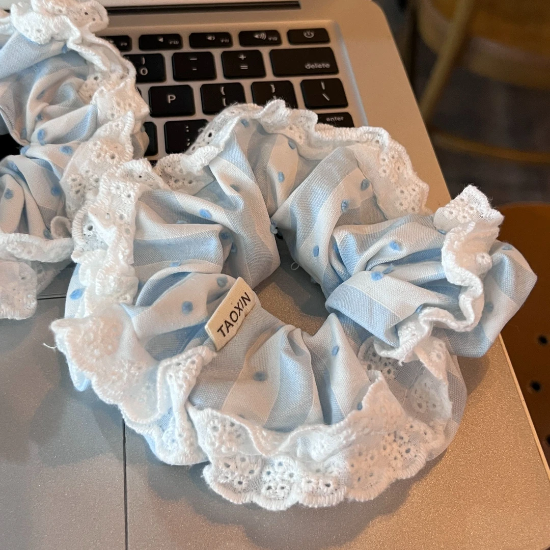 甜美蓝色蕾丝花边条纹大肠发圈韩系少女感百搭仙女气质发圈韩版