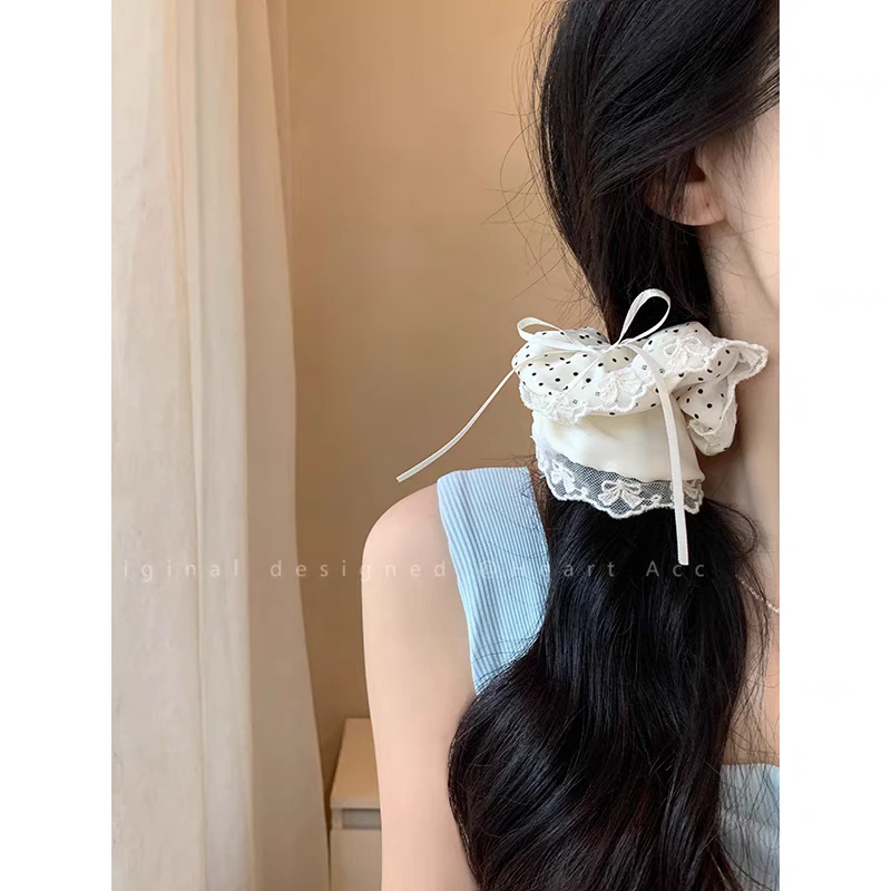 波点蝴蝶结方形大肠发圈头饰女韩系高级飘带头花发绳方巾发饰发带