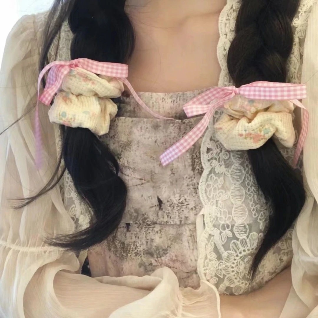 芭蕾风甜心芭比粉色蝴蝶结丝带发圈洋气格纹碎花发绳头绳大肠圈