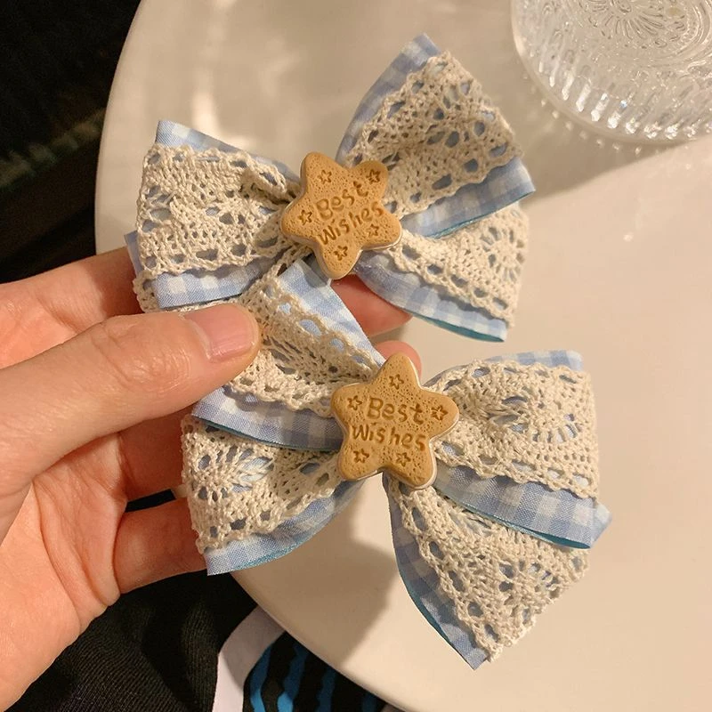 奶蓝色星星蝴蝶结蕾丝发夹女刘海侧边发卡发饰少女心可爱鸭嘴夹子