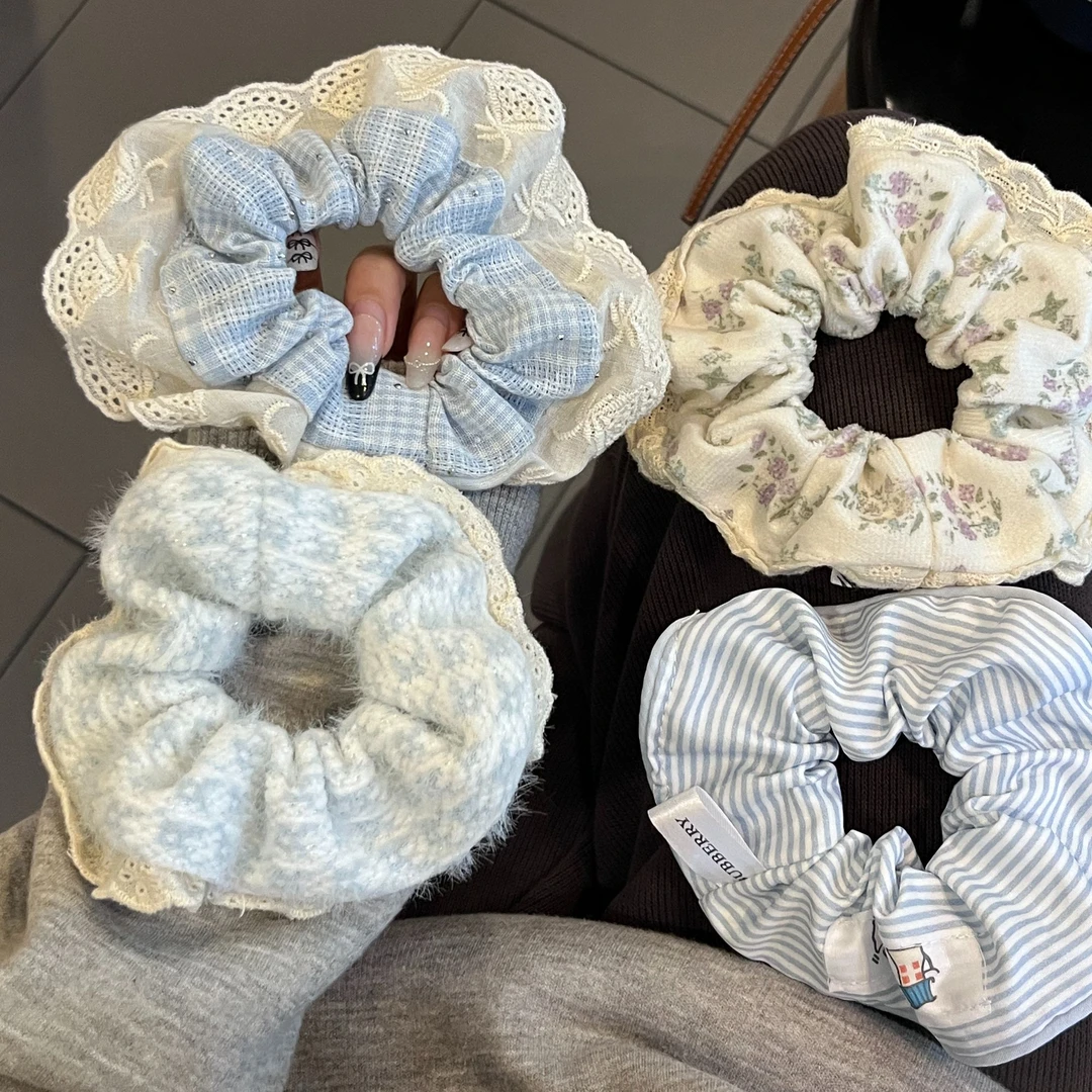 ins芭蕾风奶格子重工蕾丝韩版花边大肠发圈可爱奶油甜妹发绳