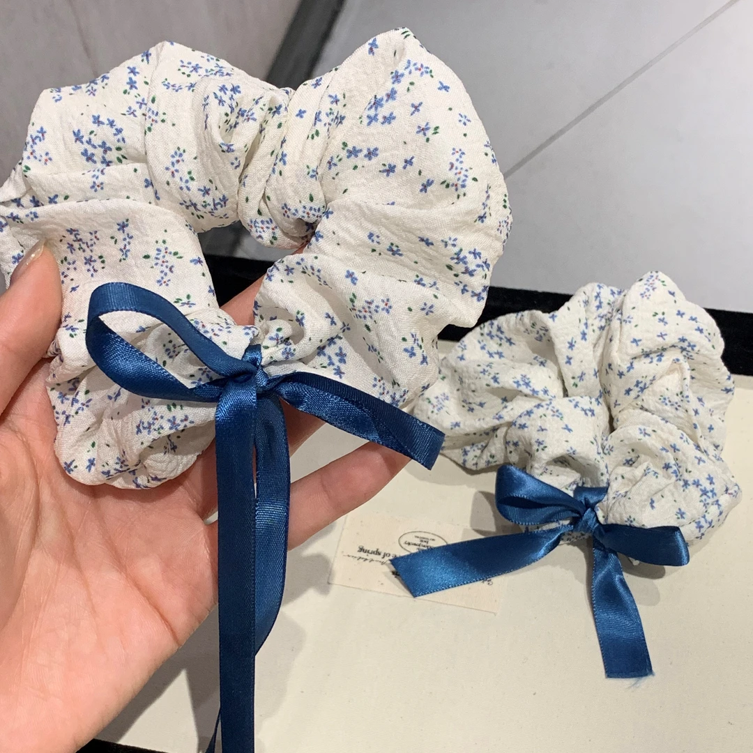 韩系温柔!蓝色碎花大肠发圈!高级感大号丸子头花朵发绳头绳发饰