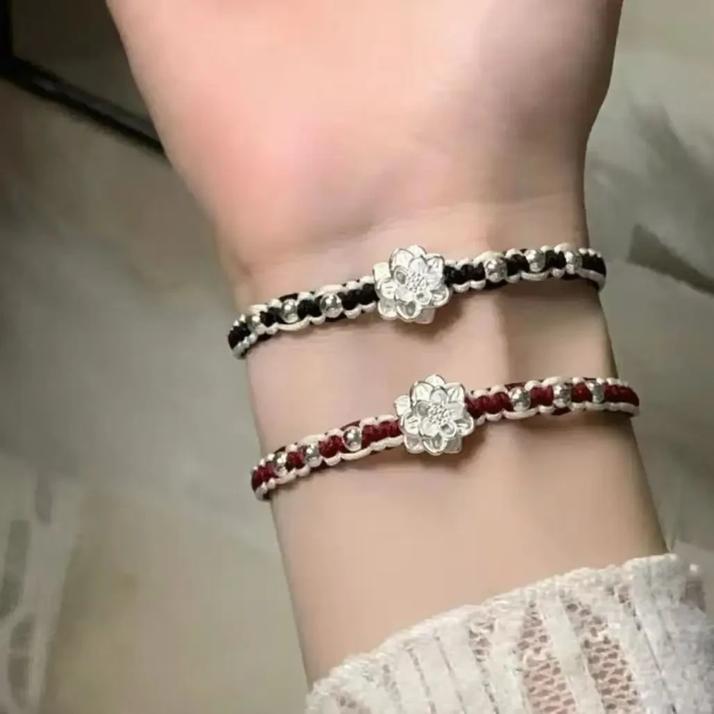 非金属布艺手链 好运莲花手绳本命年编织转运红绳情侣闺蜜手链