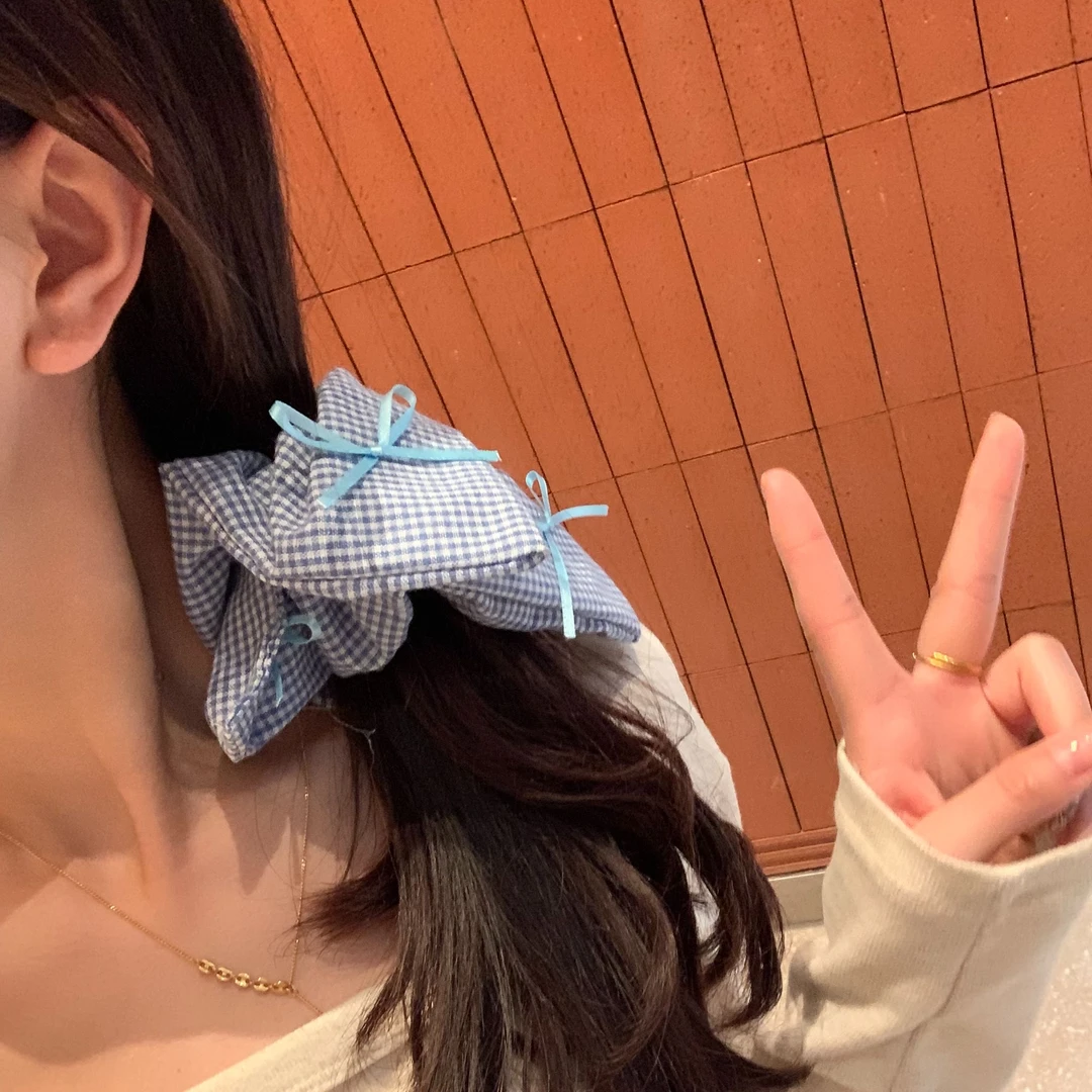 海蓝蓝韩系气质格子飘带蝴蝶结大肠发圈女扎头发丸子头绳2024新款