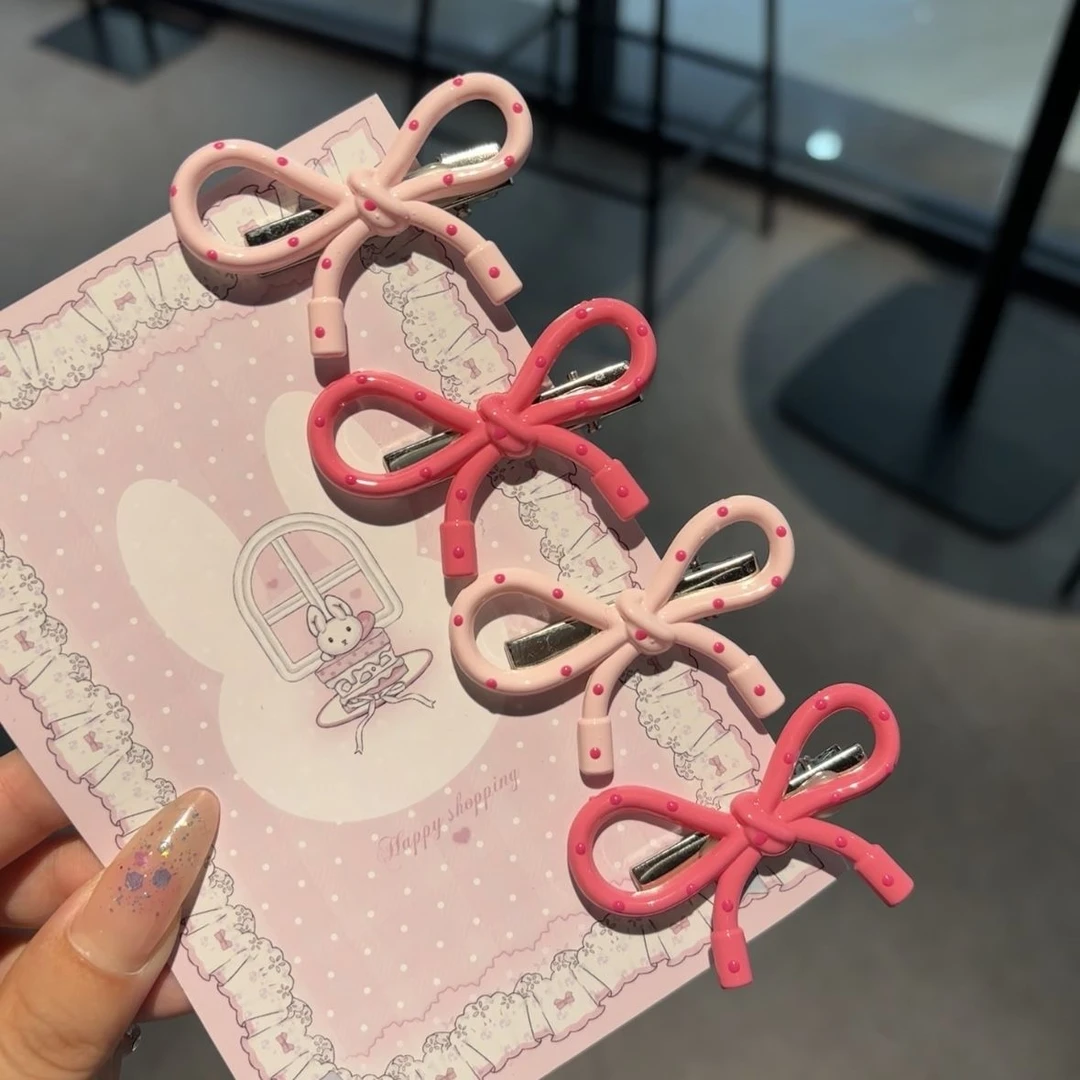 韩系简约波点粉色蝴蝶结鸭嘴夹ins秋冬简约百搭刘海边夹小众头饰