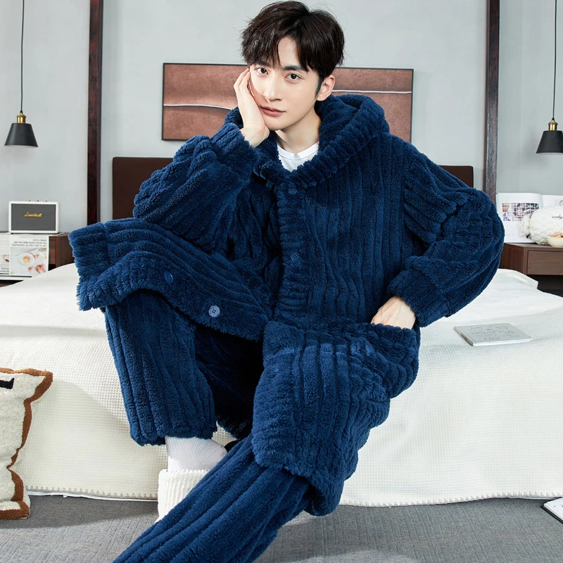 珊瑚绒睡袍男秋冬季加厚青少年男士睡衣冬天长款家居服法兰绒套装