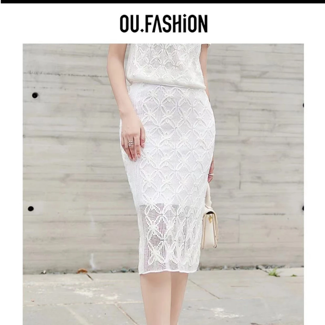 OU.FASHION/欧点半身裙蕾丝显瘦时尚性感开叉中长款1112330266  .