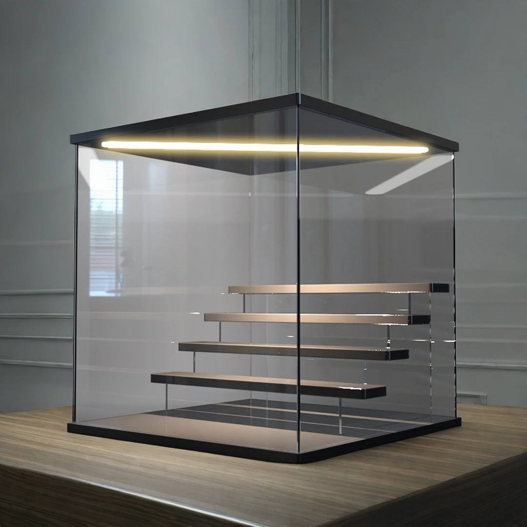 亚克力黑色带灯展示盒盲盒收纳盒手办展示柜高清阶梯置物架防尘罩