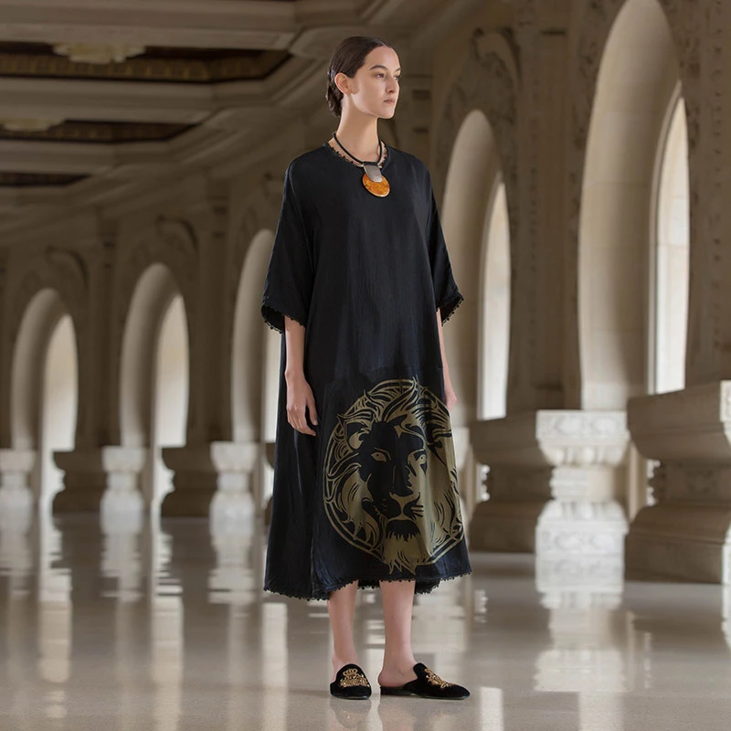 （轮廓时装周同款）轮廓图腾印花连衣裙原创中长款长裙L222Y030