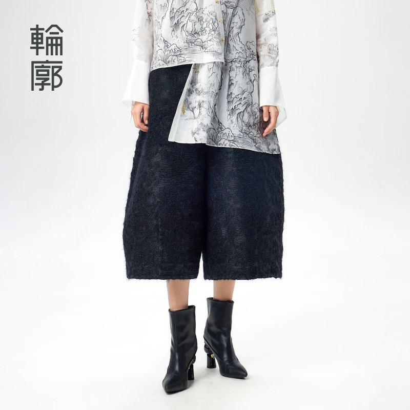 轮廓古韵流转褶皱阔腿裤百搭复古宽松遮肉八分裤休闲裤L241K001