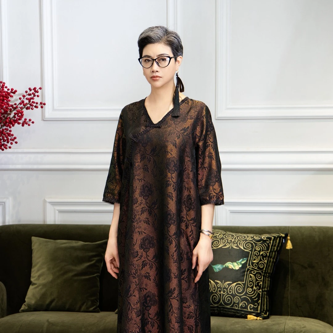 吉丘古儿虞美人老钱风经典连衣裙复古气质提花拼接裙子G241Y052