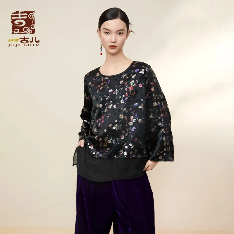 吉丘古儿琉璃上衣衬衫浪漫荷叶边中式印花长袖时尚休闲女G243Y007