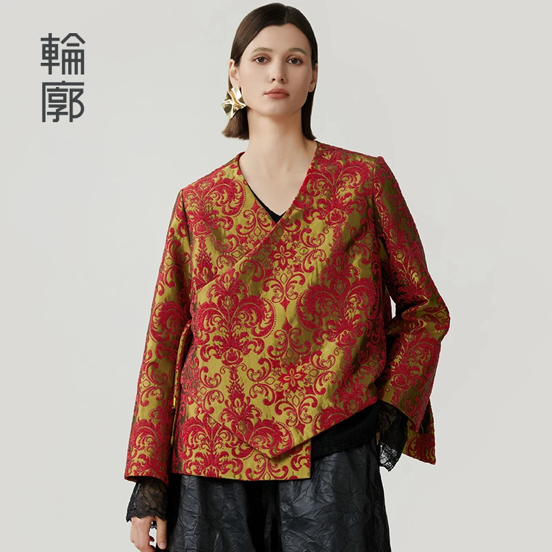 轮廓红茶L243Y059中式经典廓形雪尼尔提花外套复古休闲国风上衣女