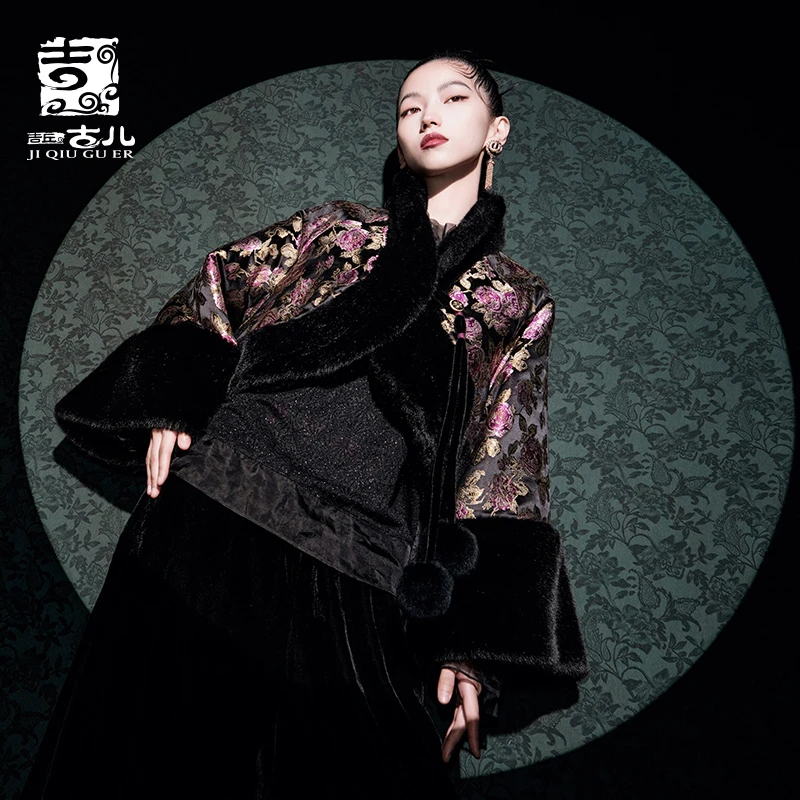 吉丘古儿陌上芙蓉织锦拼接提花短棉服G234Y009复古棉袄外套棉衣