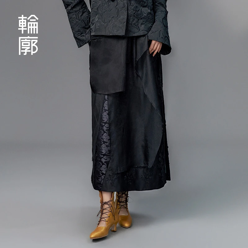 轮廓风云起提花拼接半身裙纱质气质时尚过膝半裙L233Q006