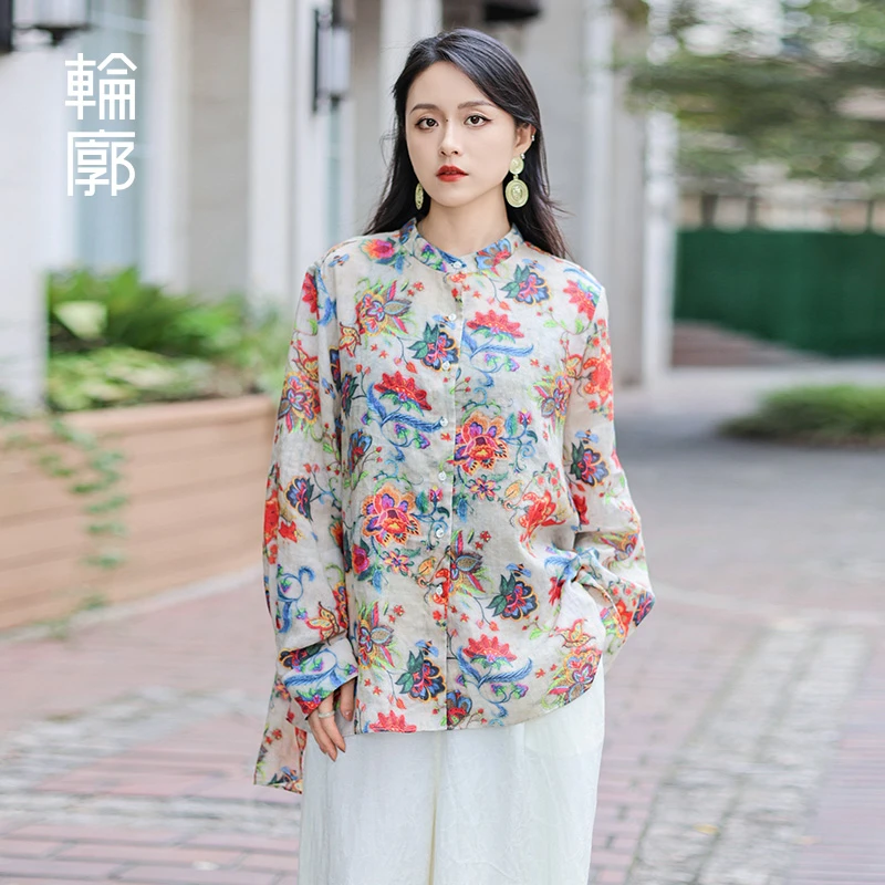 轮廓彩云间苎麻印花衬衫L242Y049新中式时尚宽松小碎花衬衣春夏