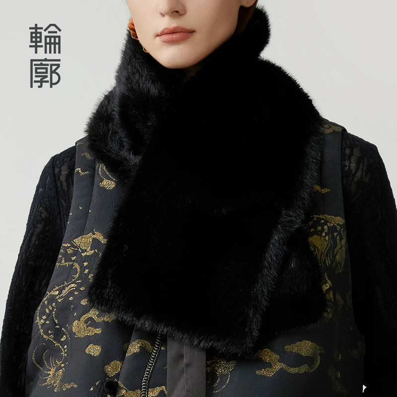 轮廓原创设计毛毛保暖围巾复古时尚潮流秋冬围脖黑色女L243W003