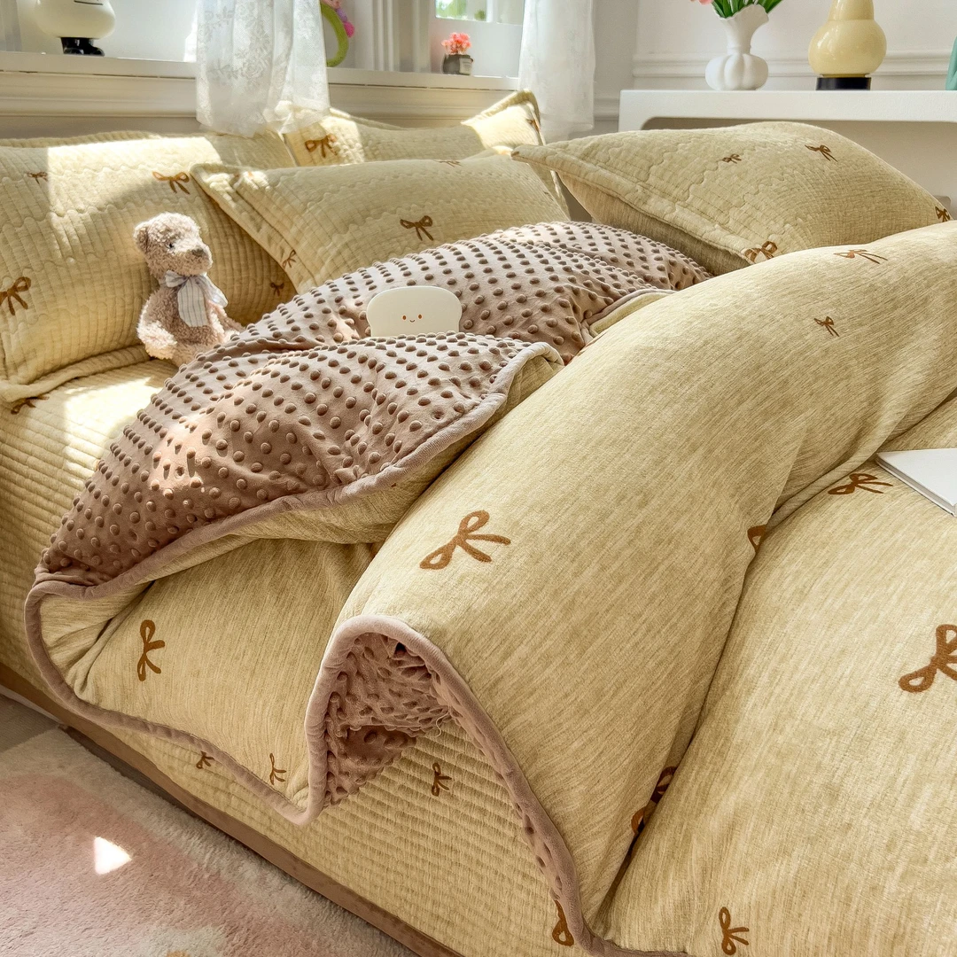 2024冬季小清新印花加厚单床盖保暖牛奶绒家用床盖三四件套双人用