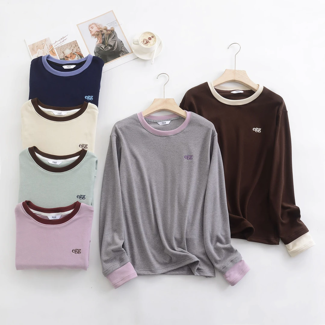 【撞色假两件打底衫】东大门eg刺绣色拉姆双面奥绒圆领打底衫D18