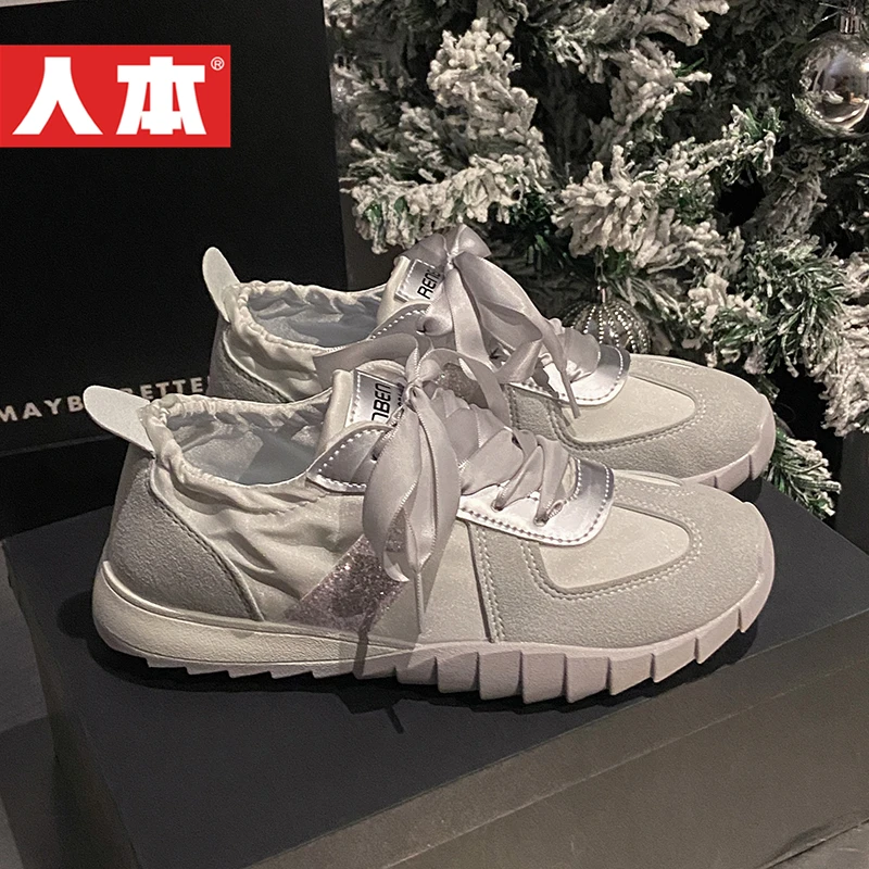 人本平底德训鞋女厚底夏新款绸缎薄款阿甘鞋芭蕾休闲百搭运动鞋子