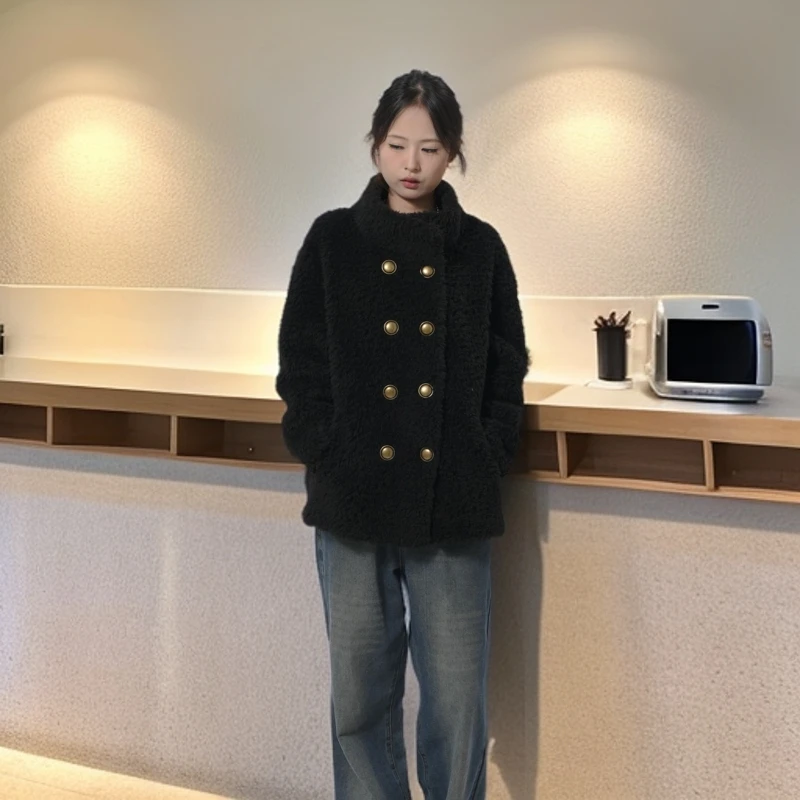 海宁115-设计师冬季新款100%羊毛时尚休闲黑色百搭宽松秋冬季外套