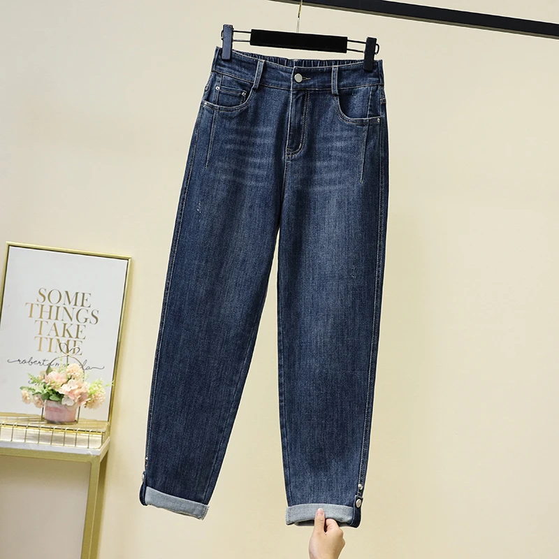 大码松紧腰牛仔裤春新款宽松休闲简约哈伦裤裤胖MM高腰九分萝卜裤