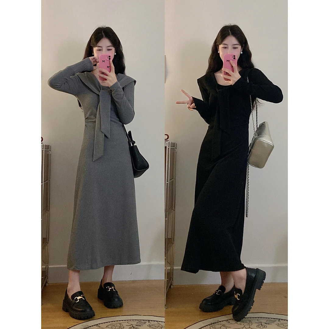 ～大码女装新款时尚显瘦高腰收腰针织秋季设计感法式气质长裙