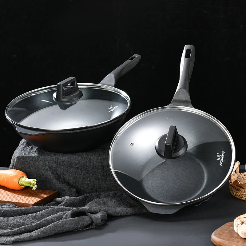 肴尚黑曜不粘炒锅炒菜锅少油烟平底锅无油煎蛋持久不粘锅纯黑耐脏