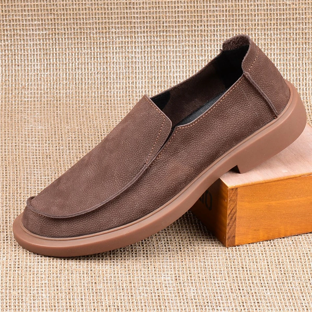 清仓真皮时尚皮鞋男士套脚磨砂皮复古商务鞋百搭休闲鞋潮平底鞋子